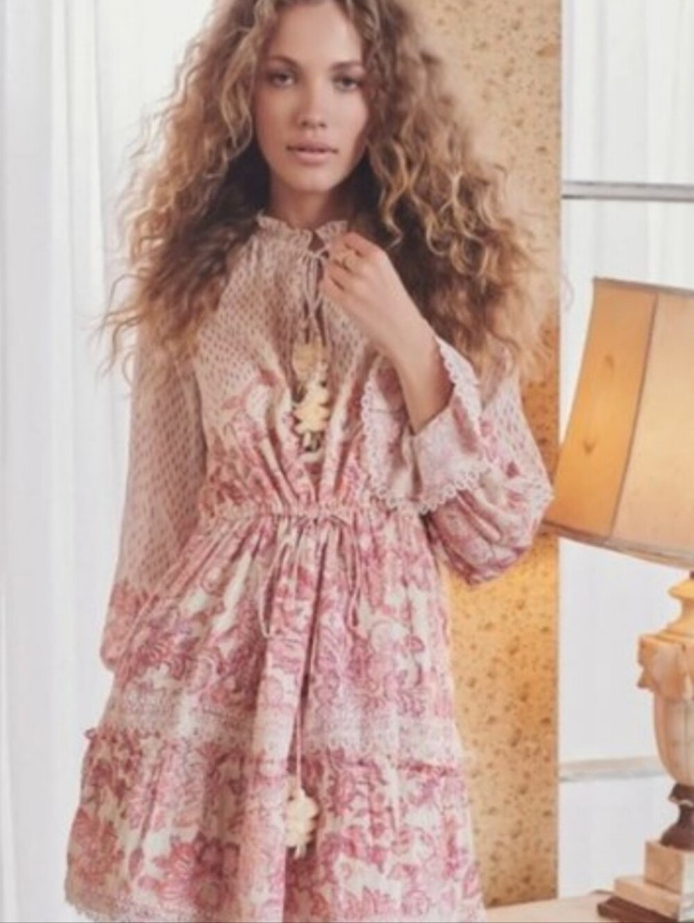 HEMANT & NANDITA Pink and Cream Boho Long Sleeve Tassel Dress